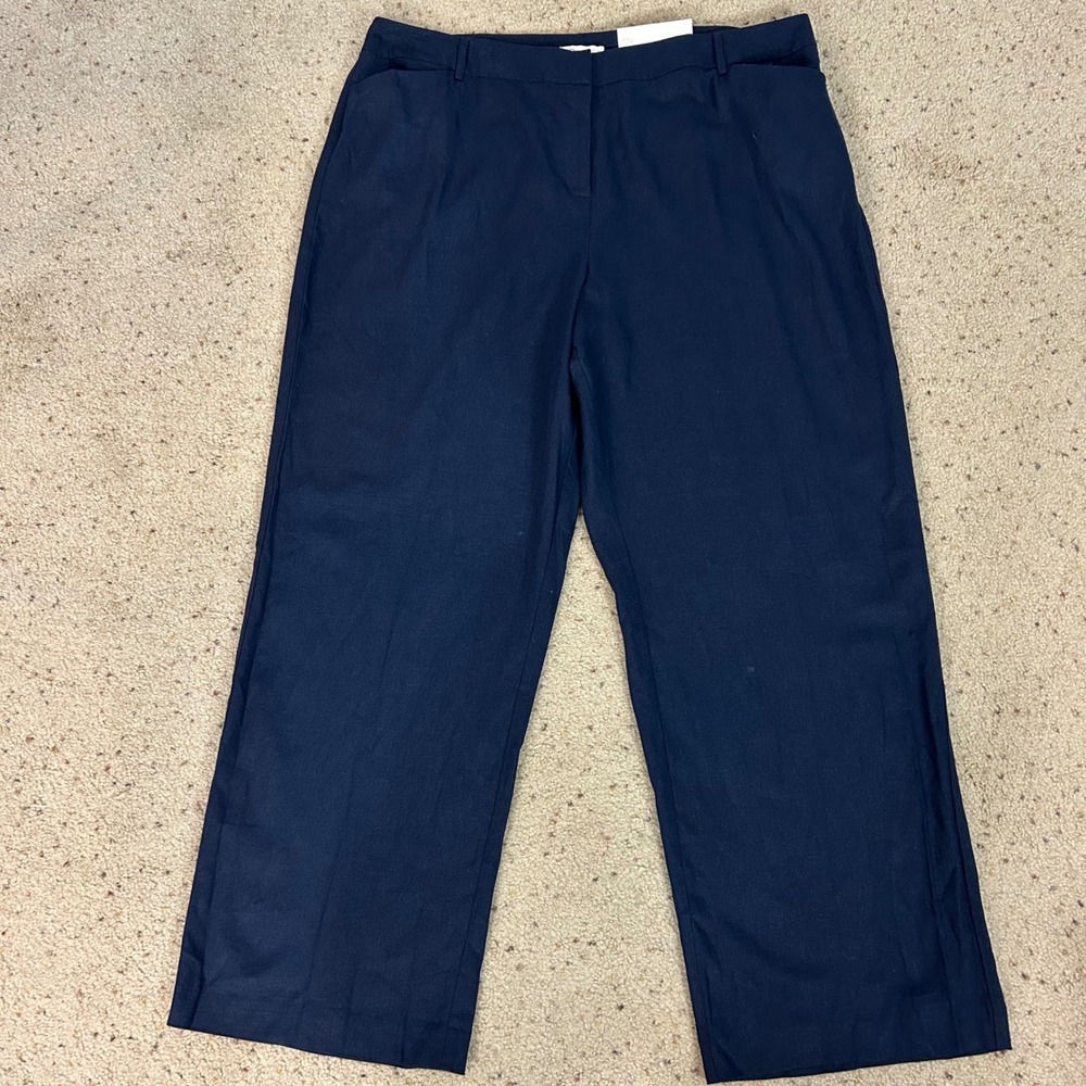 NEW Women's Navy Trouser Pants Hi-Rise Linen Blend Straight Leg Size 22W